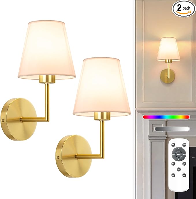 NIORSUN 13.8 inch Battery Operated Wall Sconce Set of 2,Gold Rechargeable Wall Lights with 5200mAh Dimmable Detachable Bulbs and Remote,9 Colors Wireless Sconces for Bedroom Living Room Hallway - Bloomnest