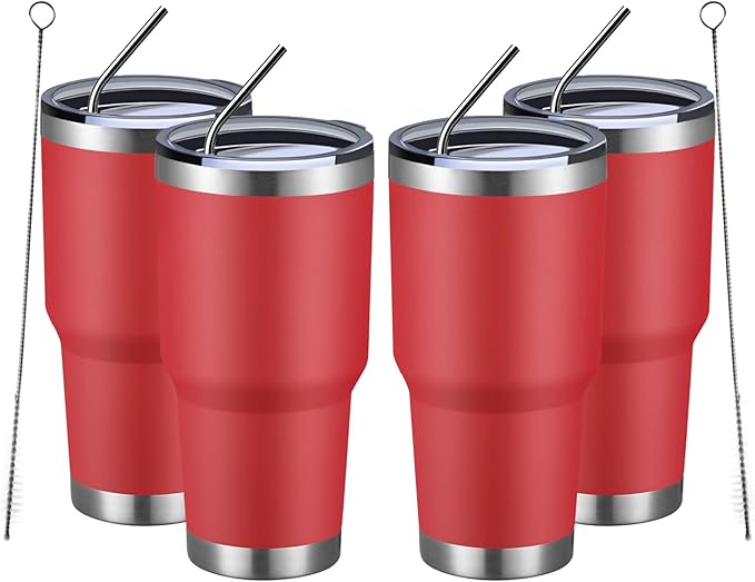 MEWAY 30oz Insulated Tumbler With Lids and Straws,Stainless Steel Double Vacuum Coffee Tumbler Cup, Brush, Durable Powder Coated Coffee Cup for Cold & Hot Drinks, Office, Travel(Coral red,4 PACK) - Bloomnest
