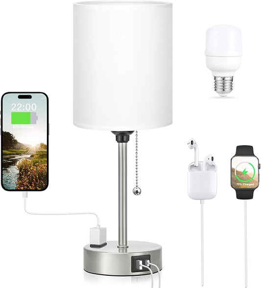 White Bedside Lamp for Bedroom - 3 Color Temperatures Desk Lamp with USB C and A Ports, Pull Chain Table Lamp with AC Outlet, Nightstand Lamp with Silver Metal Base for Kids Girls - Bloomnest
