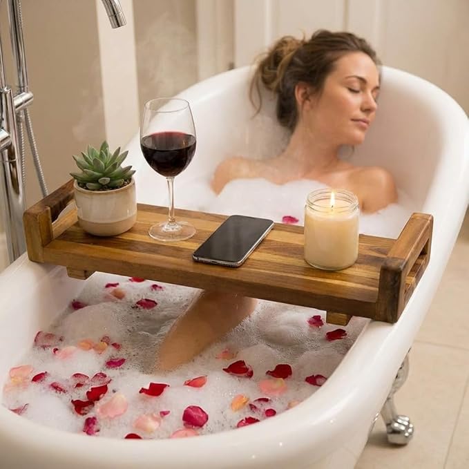 EcoDecors, 29 inch, with LiftAid Handles, Bath Tray for Tub, Bath Tub Tray Wood, Bathtub Table, Caddy for Bathtub in Natural Teak - Bloomnest