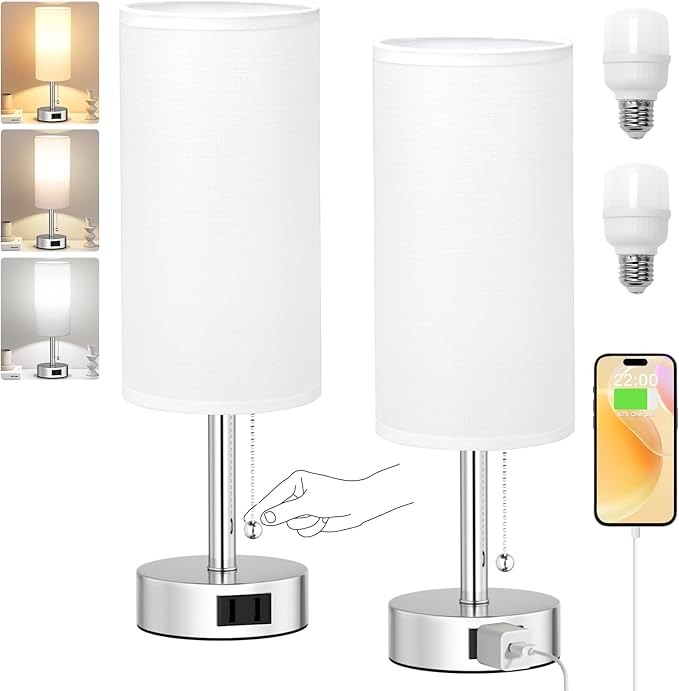 Fenmzee White Silver Bedside Table Lamps Set of 2-3 Color Temperatures Pull Chain Lamp with AC Outlet Charging Port, Two Round Night Stand Lamps for Bedroom, Small Bed Side Light with E26 LED Bulbs - Bloomnest