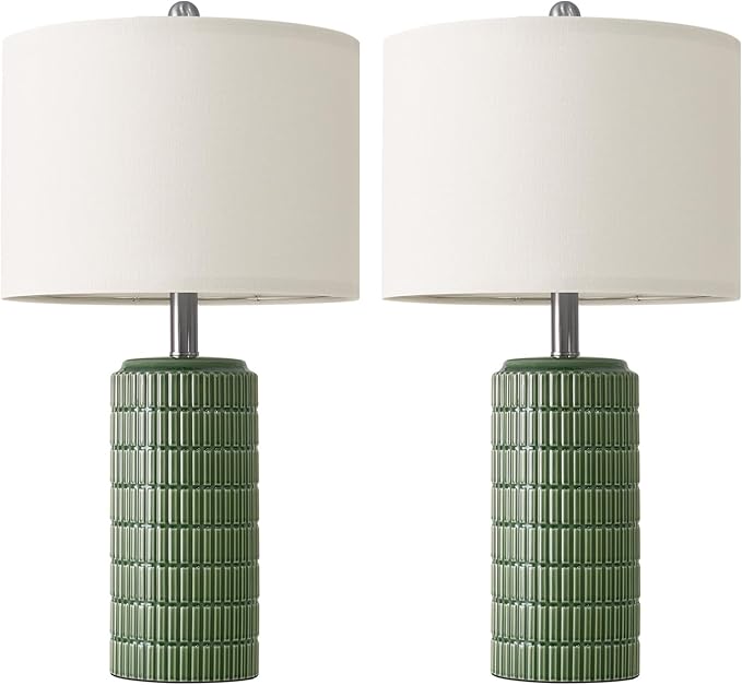 PoKat 23" Dark Green Ceramic Table Lamps Set of 2, Modern Table Lamps for Living Room, Farmhouse Lamps for Bedroom Night Stands, Traditional Nightstand Desk Decor Lamps - Bloomnest