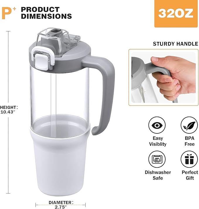 32 oz Glass Tumbler with Handle, 2-in-1 Straw and Sip Spout, Leakproof, BPA-Free Glass Water Bottle for Sports, Office, School, White - Bloomnest