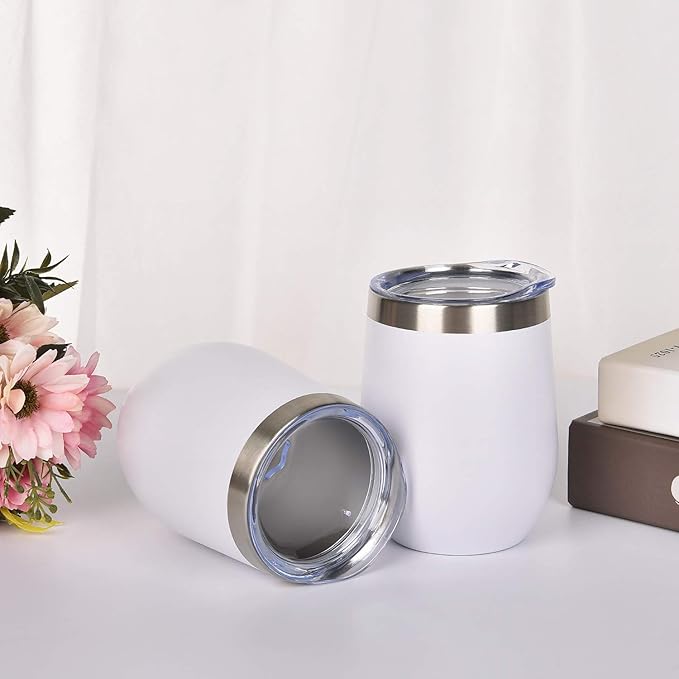 6 Pack Stainless Steel Wine Tumblers, 12Oz Insulated Wine Tumbler, Double Wall Insulated Wine Glass, Stainless Steel Stemless Wine Cups with Lids for Coffee, Wine, Cocktails, Champaign, White - Bloomnest
