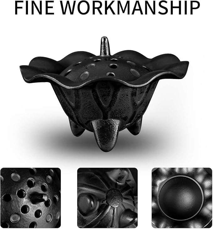 AIMITOFO Cast Iron Incense Burner - 4 in 1 Incense Burner Holder Set - Lotus Leaf Shape Ash Catcher with Lid for Ritual Purpose, Decor, Etc... - Bloomnest