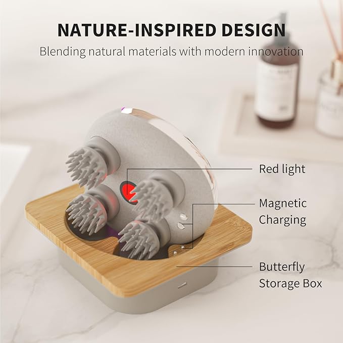 Breo Portable Mini Scalp Massager – IPX7 Waterproof Rechargeable Head Massager for Scalp Relax, Stress Relief Tool with Bamboo Wood Charging Base, Removable Massage Nodes (Silver with Base) breo