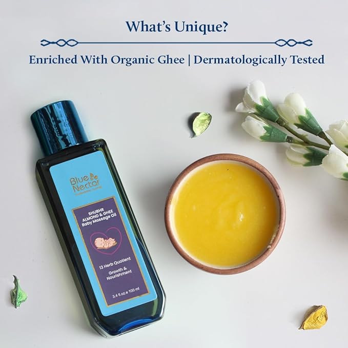 Blue Nectar Ayurveda Gentle Baby Oil for Newborn Skin Care -Moisturizing Baby Massage Oil for Dry Skin &Scalp Moisturizer| Soothing with 100% Natural Coconut Oil & Organic Ghee (13 Herbs, 3.38 Fl Oz) - Bloomnest