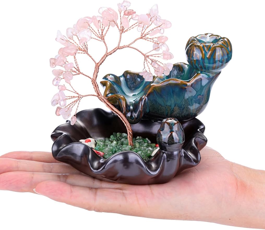 Jovivi Backflow Incense Burner Ceramic Incense Waterfall, Natural Rose Quartz Healing Crystal Money Tree Incense Holder for Wealth, Good Luck, Yoga Meditation, Home Decor - Bloomnest