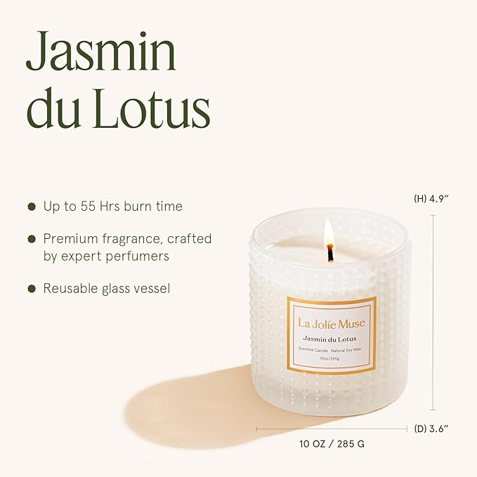 LA JOLIE MUSE Jasmine du Lotus Scented Candles - Ivy, Jasmine, Cedarwood | 10 oz Natural Soy Wax | 55 Hours Clean Burn | Floral Scented Candle | Gift-Ready for Hosts & Gatherings - Bloomnest