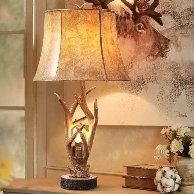 Dungoo Rustic Western Deer Table Lamps with Nightlight Set of 2, 26" Rustic Bedside Lamps for Bedroom with 2 USB Ports, Natural Antler Table Lamp for Christmas Living Room Foyer Office - Bloomnest