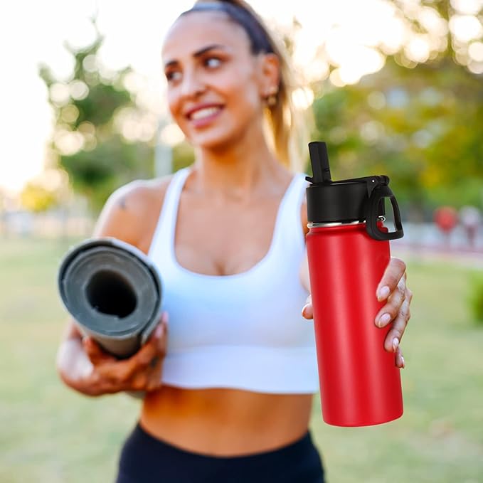 Volhoply Kids Insulated Water Bottle with Straw,16oz Stainless Steel Cold Water Bottles for School,BPA-Free Metal Wide Mouth Cups with Handle Lid,Reusable Double Wall Vacuum Sport Flask(Red,1) - Bloomnest