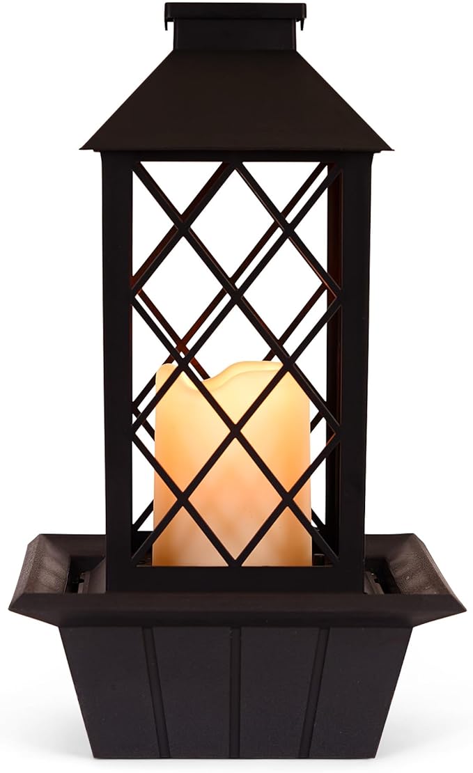 Zingz & Thingz Water Feature Tabletop Fountain Candle Lantern, Decorative Light Home Decor, 13.5" Tall, Black - Bloomnest