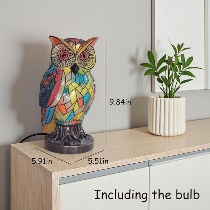 Tiffany Style Owl Table Lamps - Hand-Drawn Vintage Resin Colorful Tiffany Owl Lamp for Bedroom Living Room Nursery Office, Whimsical Animal Desk Lamp, Unique Gift for Mom. - Bloomnest
