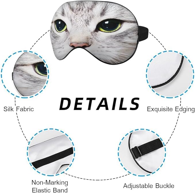 Cat Silk Eye Mask Sleep Mask Cute Funny Kitten Big Green Eyes Animal Pet Eye Mask with Adjustable Strap Lightweight for Women Work Travel Night Sleep - Bloomnest