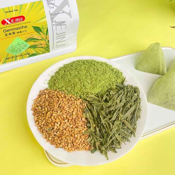XIEJINJI Genmaicha, Green Tea with Matcha - 3.7g x 50 Count, Japanese-style Roasted Brown Rice Tea, Low Caffeine, Eco-Conscious Tea Bags - Bloomnest