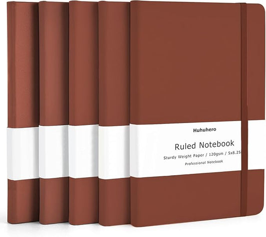 Huhuhero Notebooks Journal, Ruled Notebook, Premium Thick Paper Lined Journal, Black Hardcover Notebook for Office Home School Business Writing Note Taking Journaling, 5"×8.25" (5, Brown) - Bloomnest