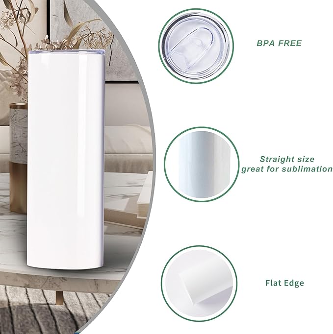 50pack 20OZ Flat Edge Sublimation Straight Skinny White tumblers bluk Double Wall Stainless Steel Insulated Cup with Metal Straw Brush Wholesale - Bloomnest