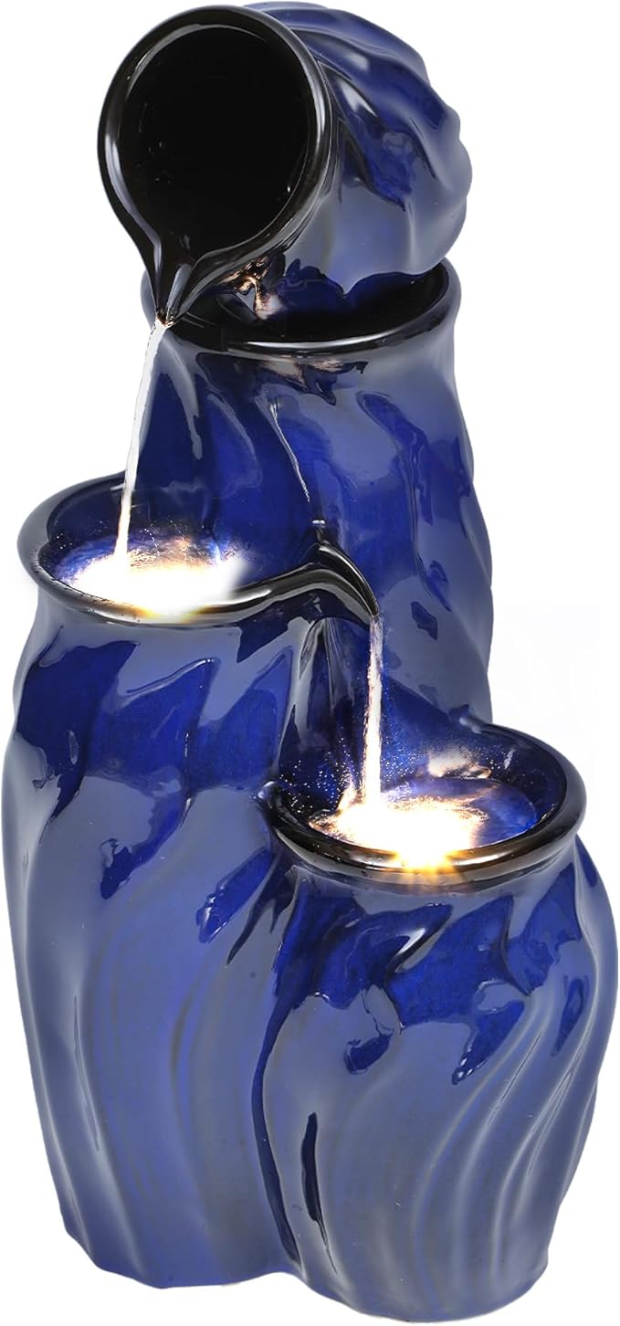 29" Tall Ceramic Water Fountain Outdoor with LED Lights, 4-Tier Cascading Waterfall Garden Fountain, Ideal for Serene Relaxing Patio, Yard or Porch, Cobalt Blue Glaze, Dynamic Wave-Texture - Bloomnest