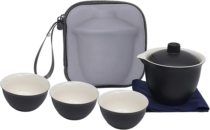 Porcelain Chinese Gongfu Tea Sets for Adults Portable Kungfu Teapot and Cup Set Small Ceramic Tea Party Set Travel Teaset with Lid for Home Gifting Outdoor and Office (Black) - Bloomnest