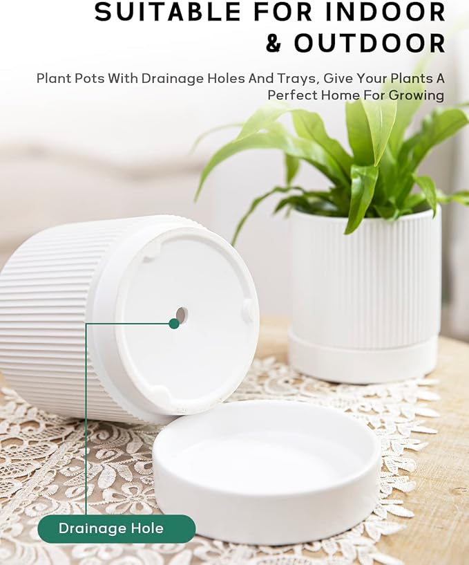 LaDoVita 3 Pack Ceramic Plant Pots 6/5/4 inch, Flowerpot for Indoor Plants with Drainage Holes and Tray, Outdoor Garden Planters, Modern Decorative for Home, White Vertical Stripes - Bloomnest