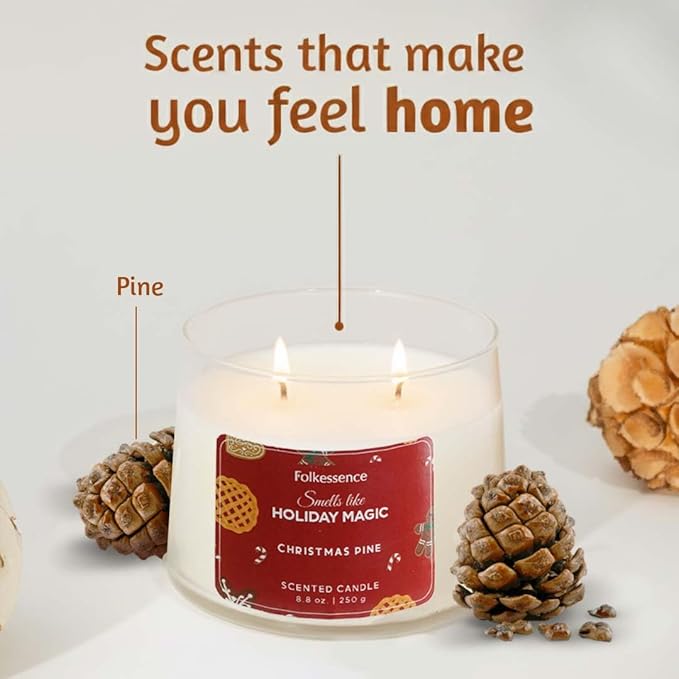 Folkulture Holiday Magic Christmas Scented Candle | Large 250g - Pine Scent | Two Wick Soy Christmas Candles | Non-Toxic Winter Candles for Relaxing | Long Lasting Aromatherapy | Xmas Holiday Gifts - Bloomnest
