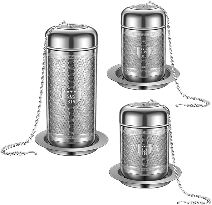 3 Pack 316 Stainless Steel Tea Infuser with Drip Tray, Extra Fine Mesh Tea Infusers for Loose Tea, Tea Strainer with Extended Chain Hook, Tea Steeper (3 Pack - Small + Medium + Large) - Bloomnest