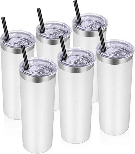 VEGOND Stainless Steel Tumblers Bulk 6 Pack, 20 oz Vacuum Insulated Skinny Tumblers with Lid and Straw, Double Wall Coffee Mug, Travel Water Cup, White - Bloomnest