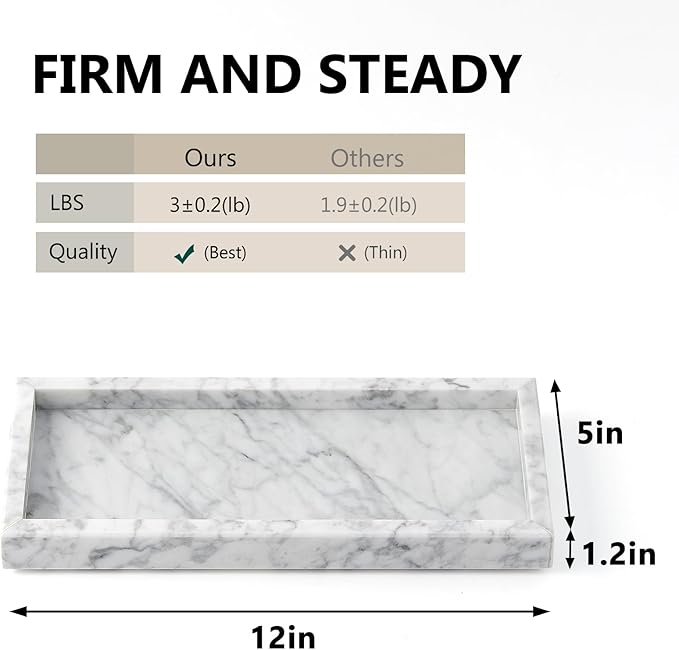 Real Natural Small Marble Tray for Bathroom, Vanity, Kitchen and Desktop, Rectangle Genuine Marble Stone Tray for Jewelry, Cosmetics, Candles, Lotion, Perfume and Home Decor (White, 12" x 5" x 1.2")