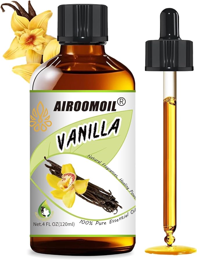 Vanilla Essential Oil for Diffuser & DIY, 100% Pure Natural Vanilla Oil, Warm Soft Scent, Large 4 fl oz for Candle Making, Soap, Perfume, Room Aroma, Adjustable Intensity, Glass Dropper Airoomoil
