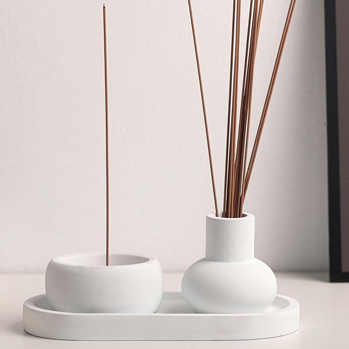 Concrete Incense Burner Set with Holder and Tray,Multifunction Incense Holder for Burning Sage,Palo Santo,Incense Sticks,Ideal for Meditation Home Decor(White) - Bloomnest