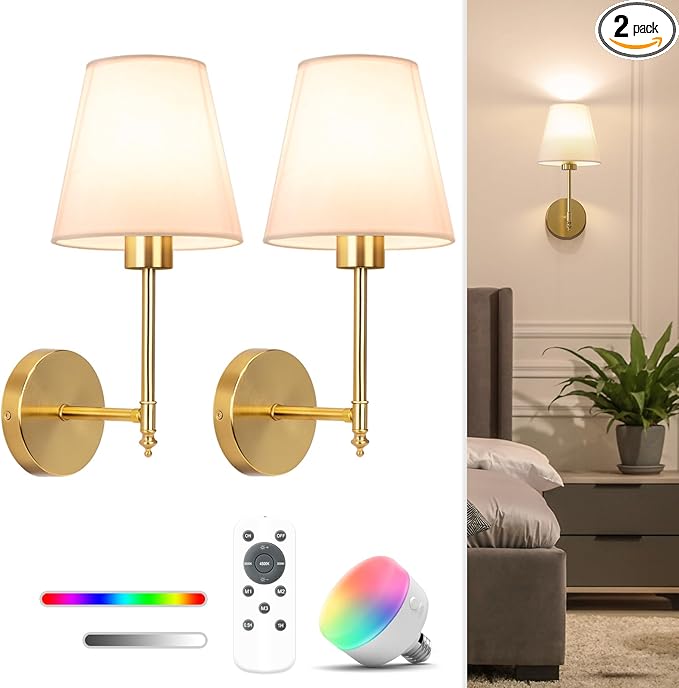 NIORSUN 14.5 inch Battery Operated Wall Sconce Set of 2,Gold Rechargeable Wall Lights with 5200mAh Dimmable Detachable Bulbs and Remote,9 Colors Wireless Sconces for Bedroom Living Room Hallway Decor - Bloomnest