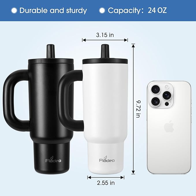 2 Pack 24oz Tumbler with Handle and Straw | Insulated Stainless Steel Travel Mug, Leakproof Lid Double-Wall Vacuum Cup for Hot & Cold Beverages - Fits Cup Holder, for Coffee, Tea, Water, White & Black - Bloomnest