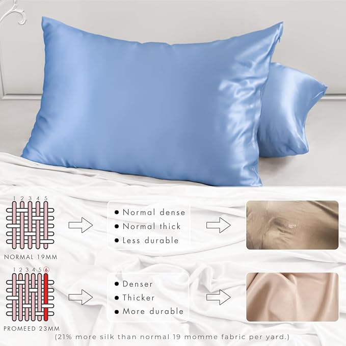 PROMEED 23 Momme Silk Toddler Pillowcase 2 Pack with Free Laundry Bag, Natural Highest Grade 6A+ 100% Mulberry Silk Pillow Case Set of 2, Zipper (Toddler/Travel 13"x18", Light Blue) - Bloomnest