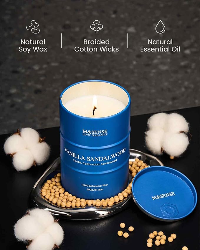 M&SENSE Vanilla Sandalwood Scented Candles Large, Natural Soy Candles 21.2oz 120 Hour Slow Burning,Aromatherapy Candle for Stress Relief Meditation Relaxing - Bloomnest