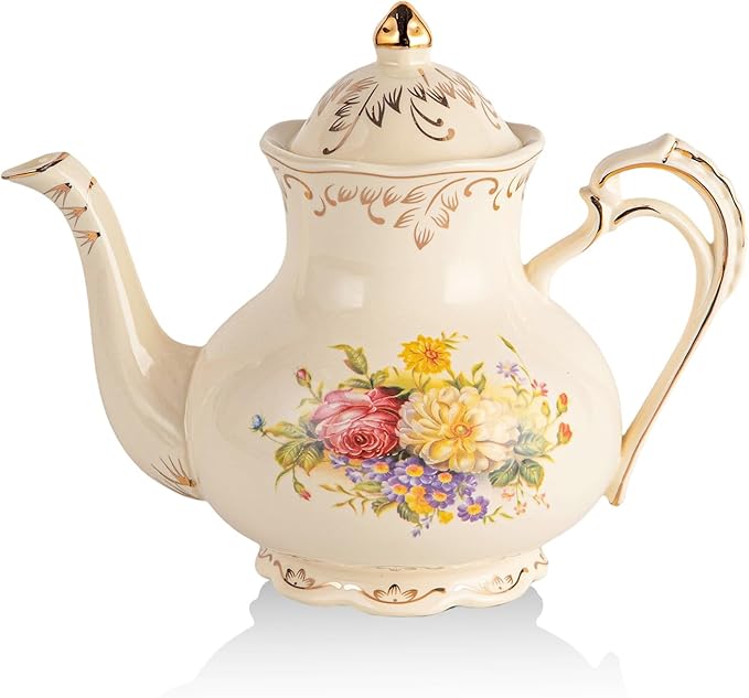 YOLIFE Floral Teapot, 35oz/4 Cup Vintage Ivory Ceramic Tea Pot with Infuser for Loose Leaf Tea, Flowering Shrubs Teapot with Gold Trim - Bloomnest