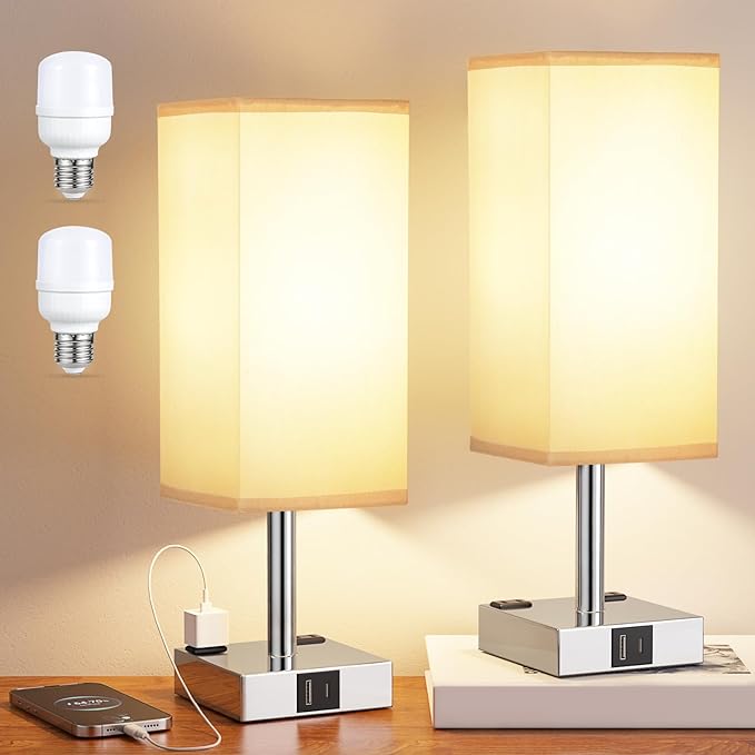 Touch Bedside Table Lamp Set of 2-3-Way Dimmable Night Lamp with USB A + Type C Charging Ports and Two AC Outlets, Small Desk Light with E26 LED Bulb for Bedroom Living Room Dorm Office - Bloomnest