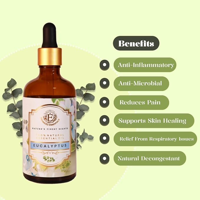 Luxurious Eucalyptus Essential Oil by Enhanced Essentials|Highly Concentrated,Organic & Slow Distilled Oils for Home,Diffusers,Bath,Gifting,Soap & Candle Making|Ideal for Business| 3.38 fl oz (100 ml) Bloomnest