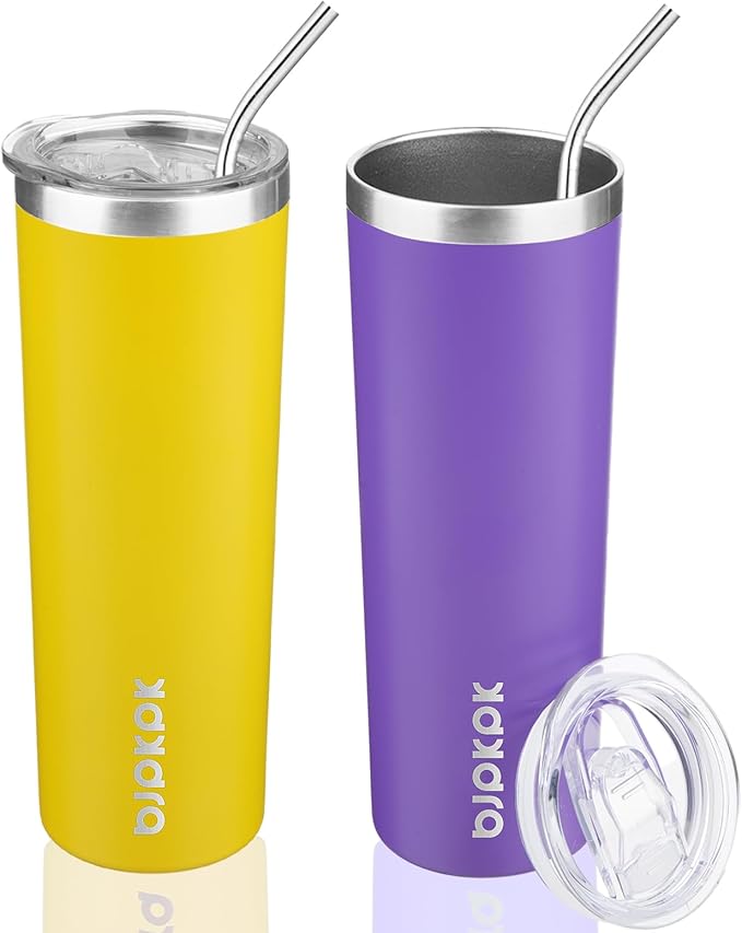 BJPKPK 20 oz Skinny Tumbler with Lid 2 Pack Slim Insulated Travel Coffee Cup Stainless Steel Thermal Mug,Purple,Goldenrod - Bloomnest