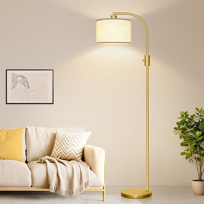 【Upgraded】 Dimmable Gold Floor Lamp, 1200 Lumens LED Bulb Included, Arc Floor Lamps for Living Room Modern Standing Lamp with Linen Shade, Tall Lamp for Living Room Bedroom Office Reading Room Nursery - Bloomnest