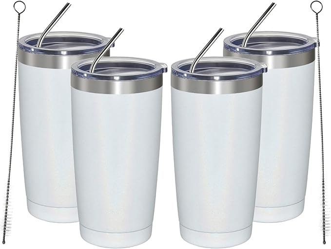 MEWAY 20oz Tumbler 4 Pack Double Wall Vacuum Insulated Travel Glitter Mug Bulk, Stainless Steel Tumblers with Lid and Straw, Powder Coated Coffee Cups for Woman(Rainbow White,Set of 4) - Bloomnest