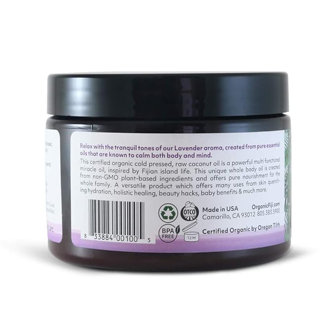 Organic Fiji Raw Cold Pressed Coconut Oil for Hair, Skin, Face & Body | Relaxing Massage Oil | Lavender,12 oz for Women Men & Baby - Bloomnest
