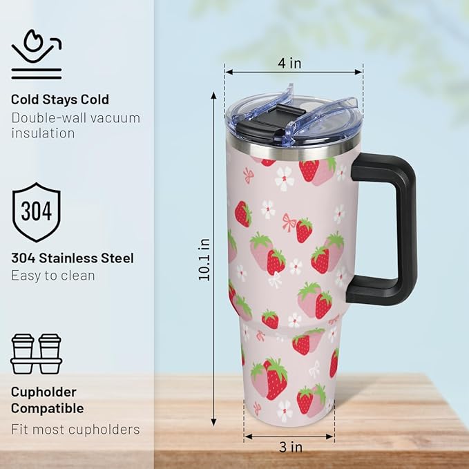 AUUXVA Cute Strawberry Print Thermal Cup for Kids, 40oz Water Bottle with Straw, Stainless Steel Tumbler with Handle, Cup for Cold and Hot Drinks, Adorable Cartoon Fruit Pattern - Bloomnest