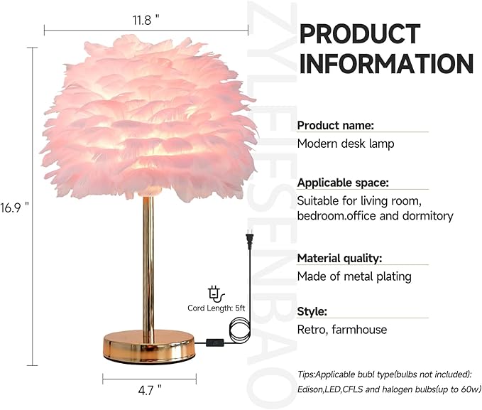 ZYLEIESENBAO Pink Feather Lamp Cute Romantic Goose Feather Table Lamp Furry Nightstand Light with Gold Base Bedside Lamp for Girl Bedroom Wedding Living Room Hotel Decorative - Bloomnest