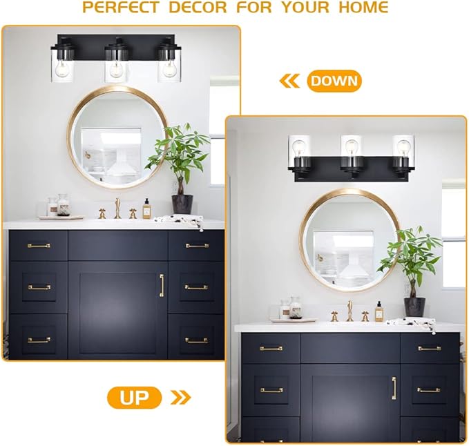 BONLICHT Modern 3-Light Vanity Light Fixture Black Bathroom Wall Light Over Mirror with Clear Glass Shade, Rustic Vintage Wall Sconce Lighting Farmhouse Wall Mounted Lamp for Powder Room Hallway - Bloomnest