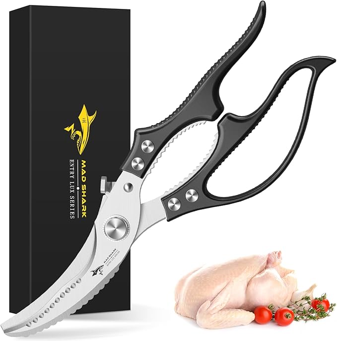MAD SHARK Professional Heavy Duty Poultry Shears - Kitchen Shears for Spatchcocking Chicken and Meat Cutting, Multi-Purpose Kitchen Scissors for Food, Spring-loaded (Black) - Bloomnest