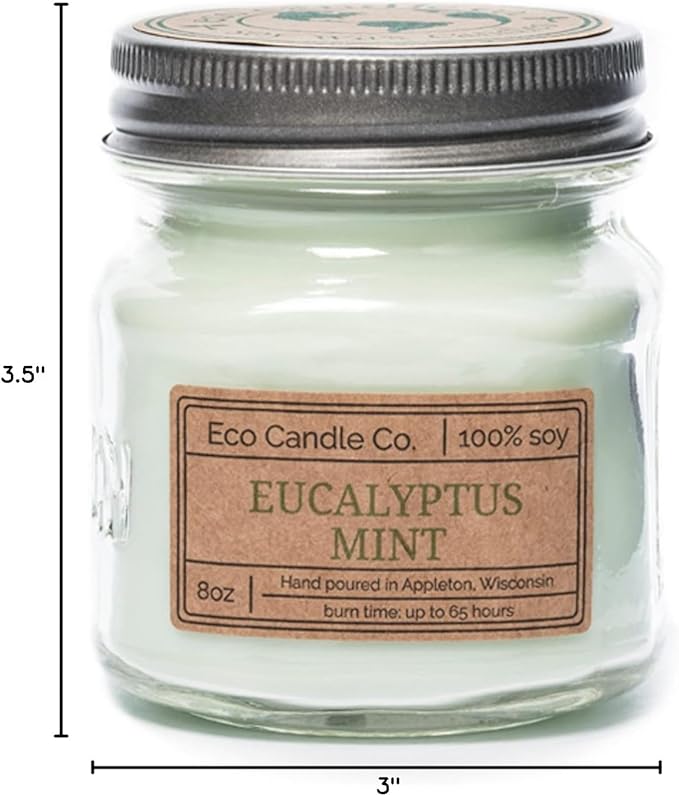 ECO CANDLE CO. Mason Jar Candle, Eucalyptus Mint, 8 oz. - Scents of Eucalyptus, Spearmint, & Peppermint - 100% Soy Wax, No Lead, Kraft Label & Antiqued Pewter Lid, Hand Poured, Midwest Grown Soybeans - Bloomnest