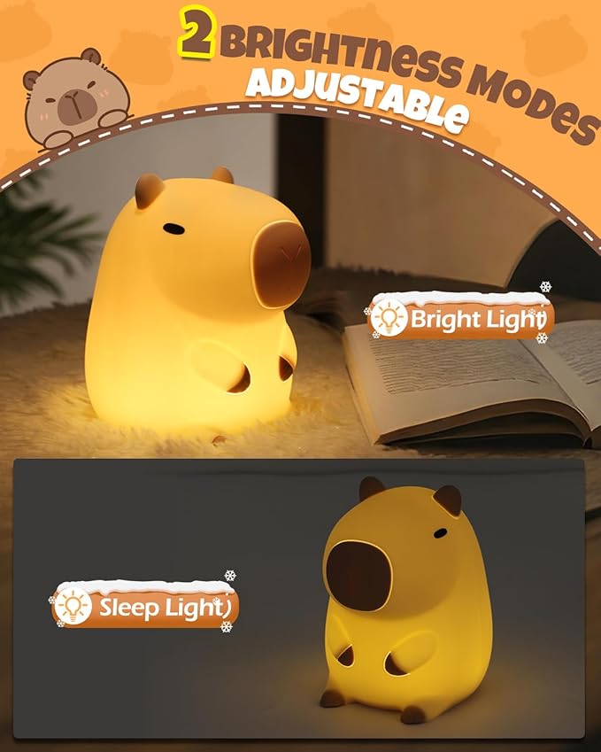 Cute Capybara Night Light, Animal Lamp, Food Grade Silicone, Rechargeable, 2 Level Dimmable, Squishy Nursery Nightlight for Desk Decor, Funny Gifts Stuff for Boys Girls Baby, White Elephant Gifts - Bloomnest