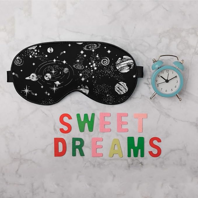 Space Galaxy Sleep Eye Mask Universe Star Moon Planets Constellation Black Silk Eye Mask Sleeping Soft for Men Women Boy Girl Airplane Travel with Elastic Strap - Bloomnest