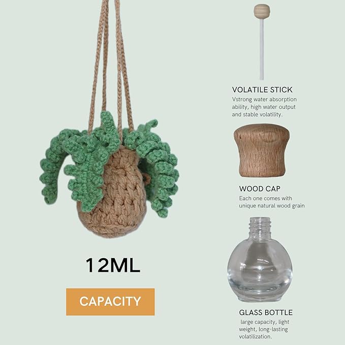 Handmade Crochet Hanging Car Air Freshener - Botanical Fern Leaf Design with 12ml Refillable Glass Essential Oil Bottle, Long-Lasting Car Diffuser & Nature-Inspired Decor - Bloomnest