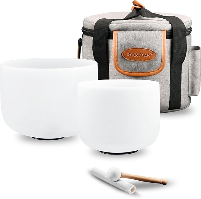 Ryan Dvan Crystal Singing Bowl Set of 2 7" G Note, 8" A Note with Case Suede Striker & O-Ring Sound Therapy for Yoga, Reiki, Chakra Healing Energy Tuning & Mindfulness Kit - Bloomnest